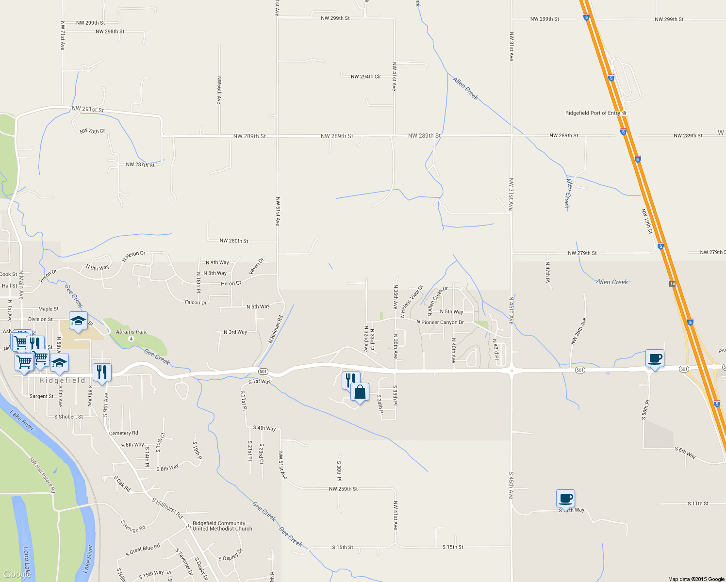 map of restaurants, bars, coffee shops, grocery stores, and more near 719 North 32nd Avenue in Ridgefield