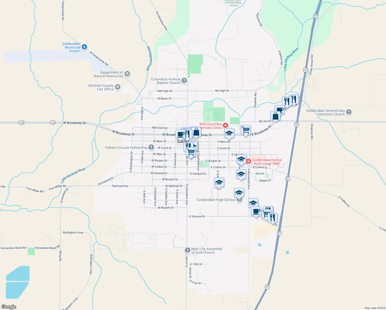 map of restaurants, bars, coffee shops, grocery stores, and more near in Goldendale