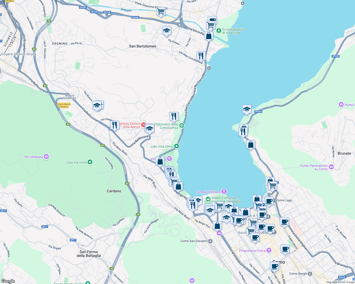 map of restaurants, bars, coffee shops, grocery stores, and more near 11 Via Per Cernobbio in Como