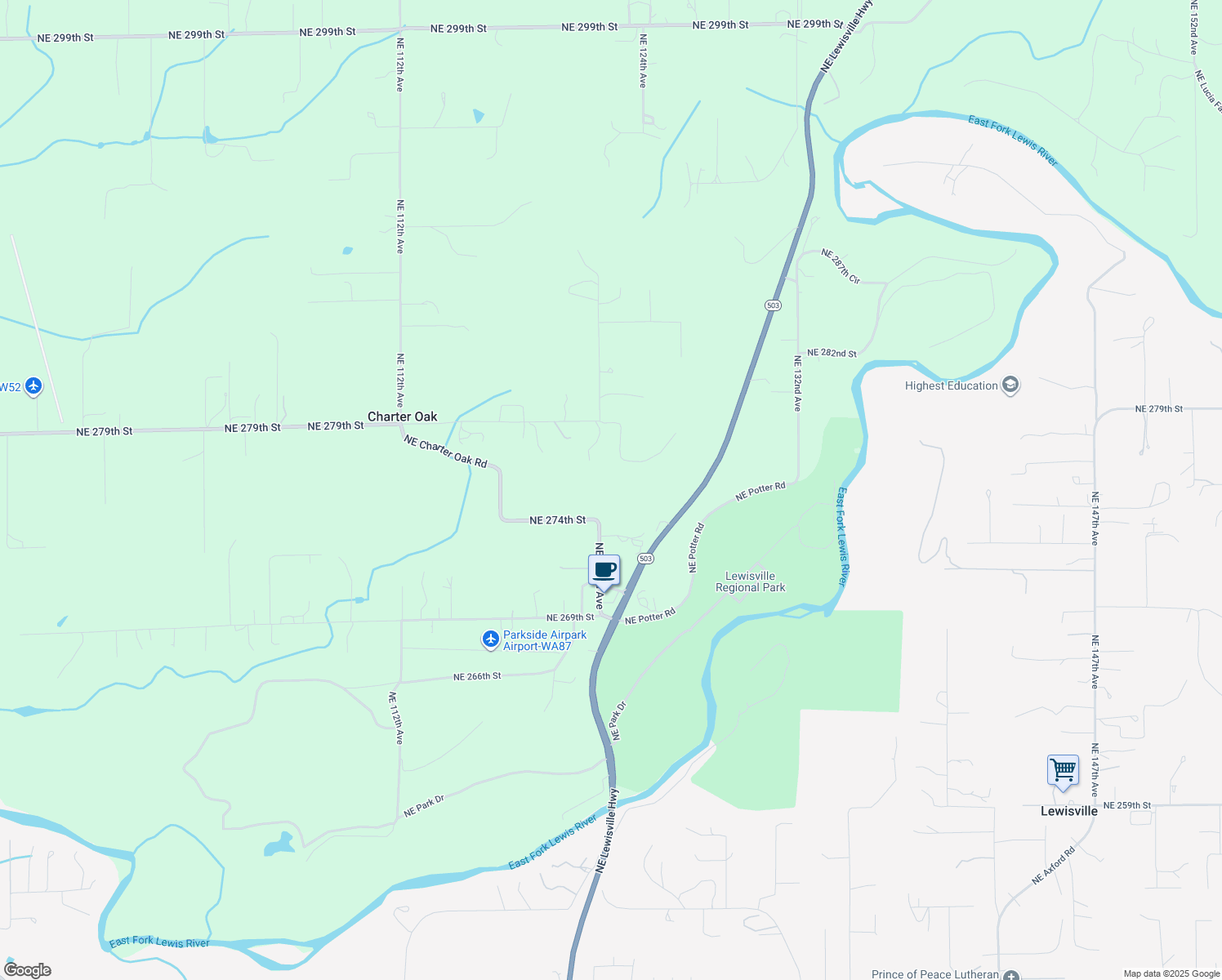map of restaurants, bars, coffee shops, grocery stores, and more near 12301 Northeast 279th Street in Battle Ground