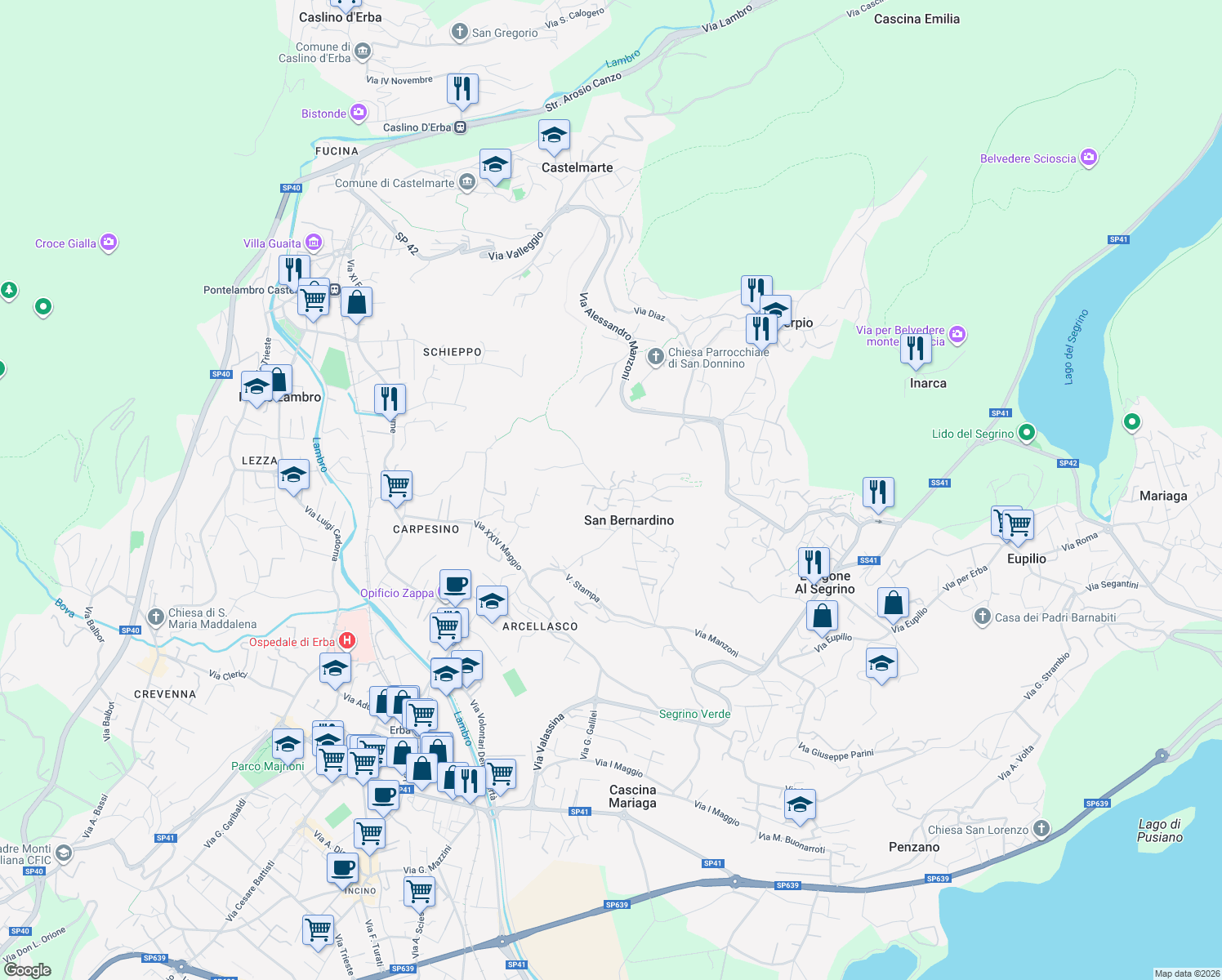 map of restaurants, bars, coffee shops, grocery stores, and more near 12 Via Borromeo Cardinal Federico in Erba