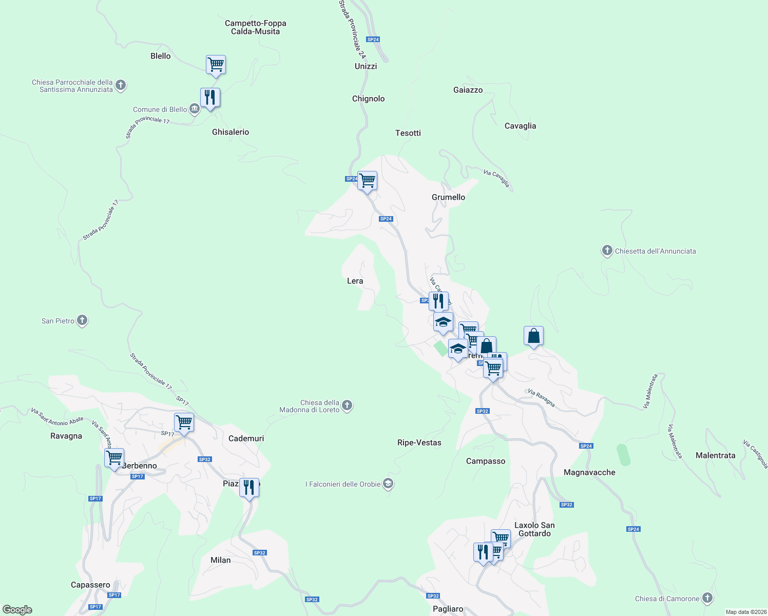 map of restaurants, bars, coffee shops, grocery stores, and more near 5 Via Lera in Lera