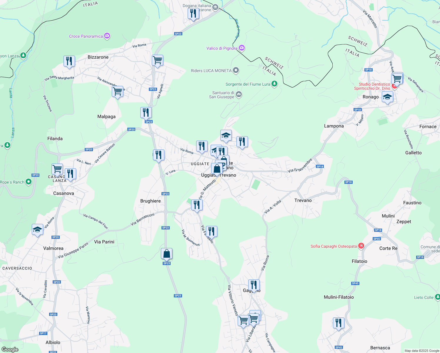 map of restaurants, bars, coffee shops, grocery stores, and more near in Uggiate-Trevano