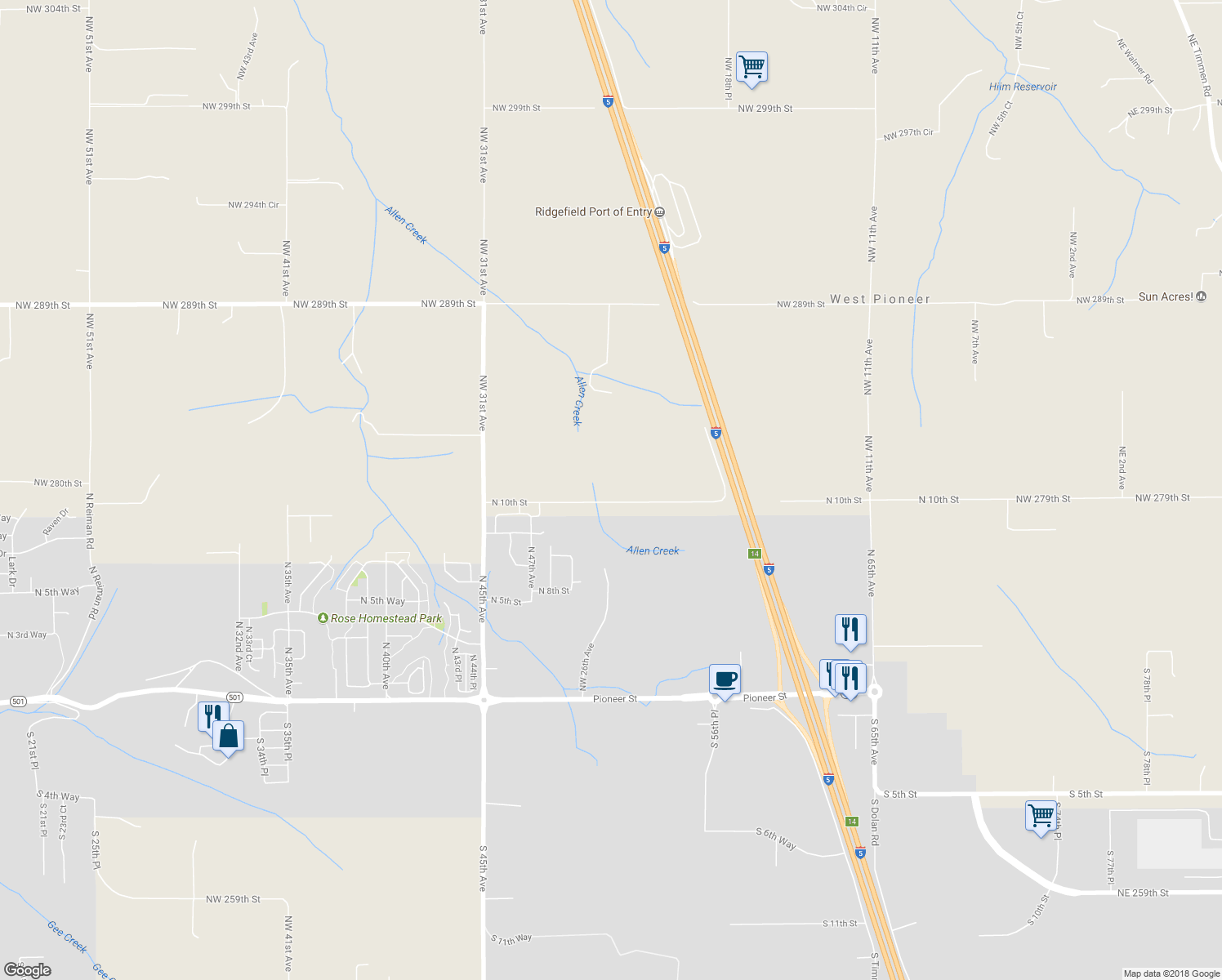 map of restaurants, bars, coffee shops, grocery stores, and more near 3606 North 10th Street in Ridgefield