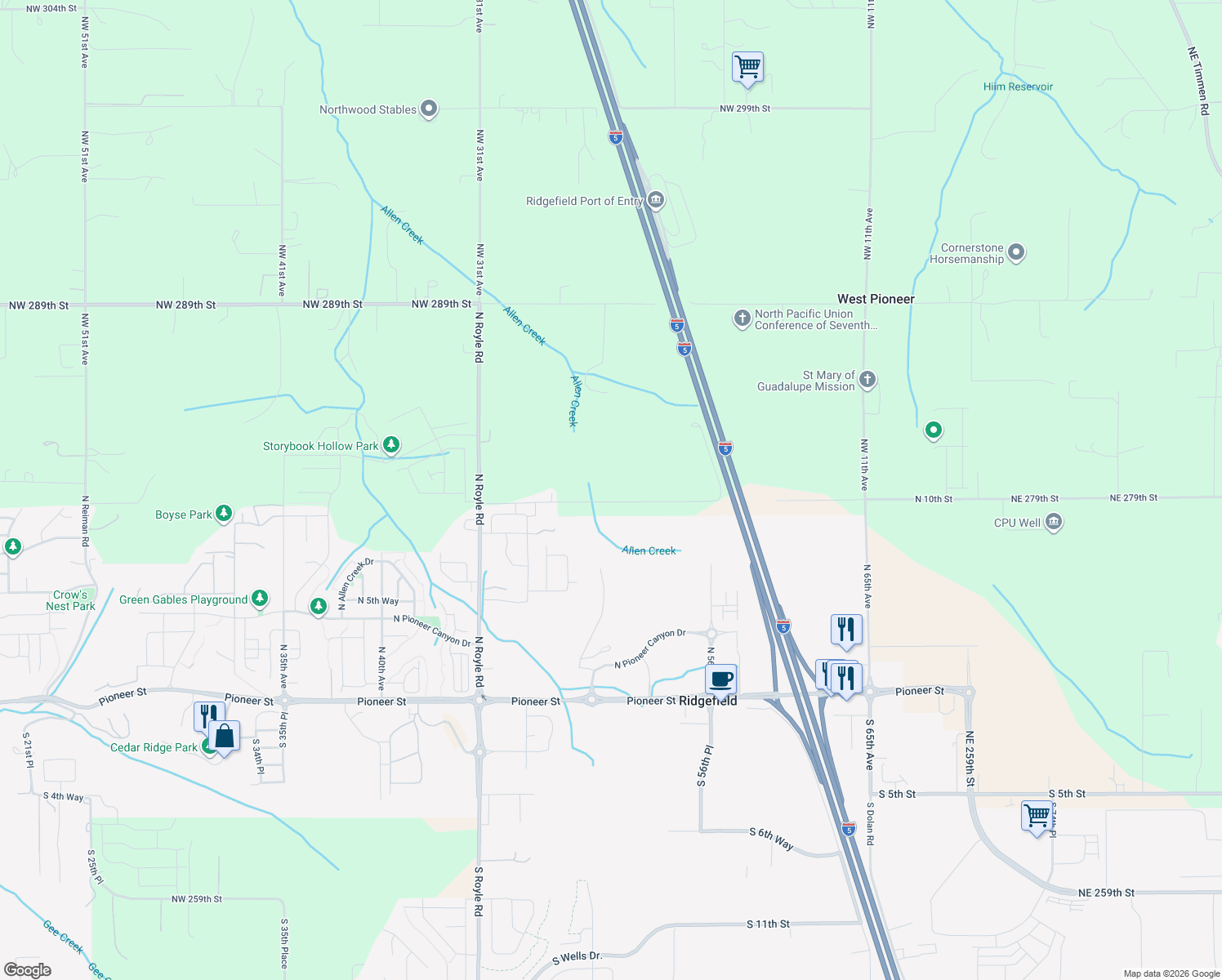 map of restaurants, bars, coffee shops, grocery stores, and more near 3676 North 10th Street in Ridgefield
