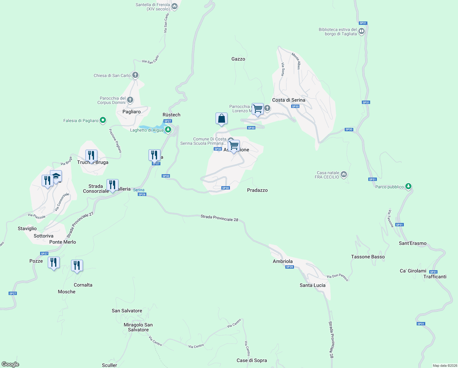 map of restaurants, bars, coffee shops, grocery stores, and more near 46 Via Europa in Ascensione