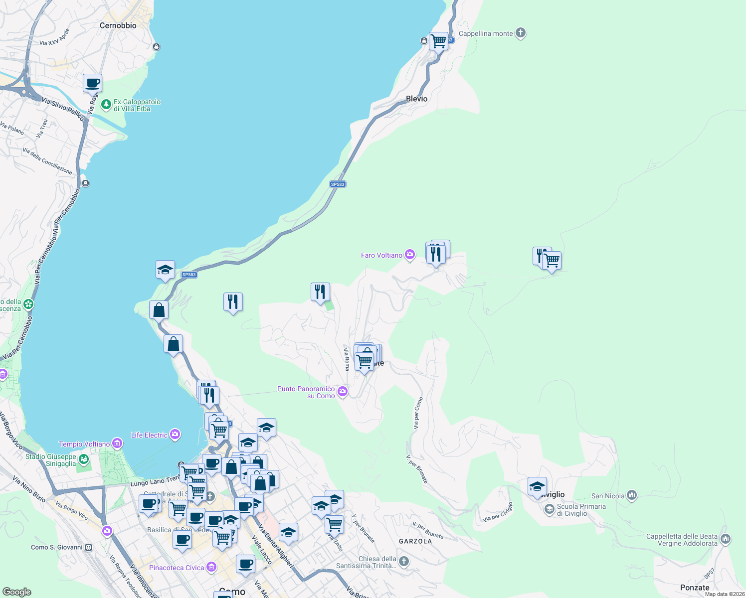 map of restaurants, bars, coffee shops, grocery stores, and more near 10A Via Mulattiera per San Maurizio in Brunate