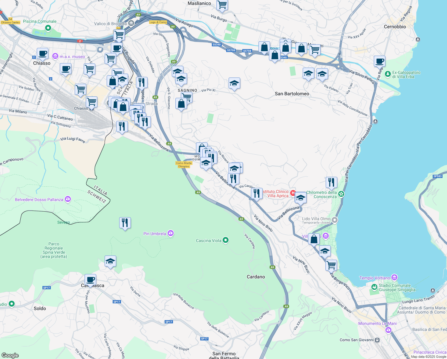 map of restaurants, bars, coffee shops, grocery stores, and more near 106-122 Via Bellinzona in Como