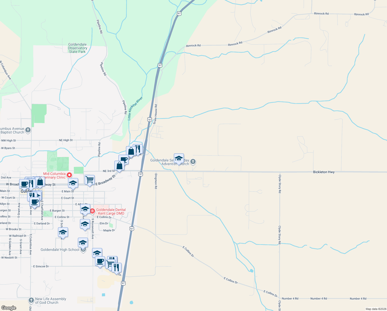 map of restaurants, bars, coffee shops, grocery stores, and more near 22 Glen Affric Rd in Goldendale