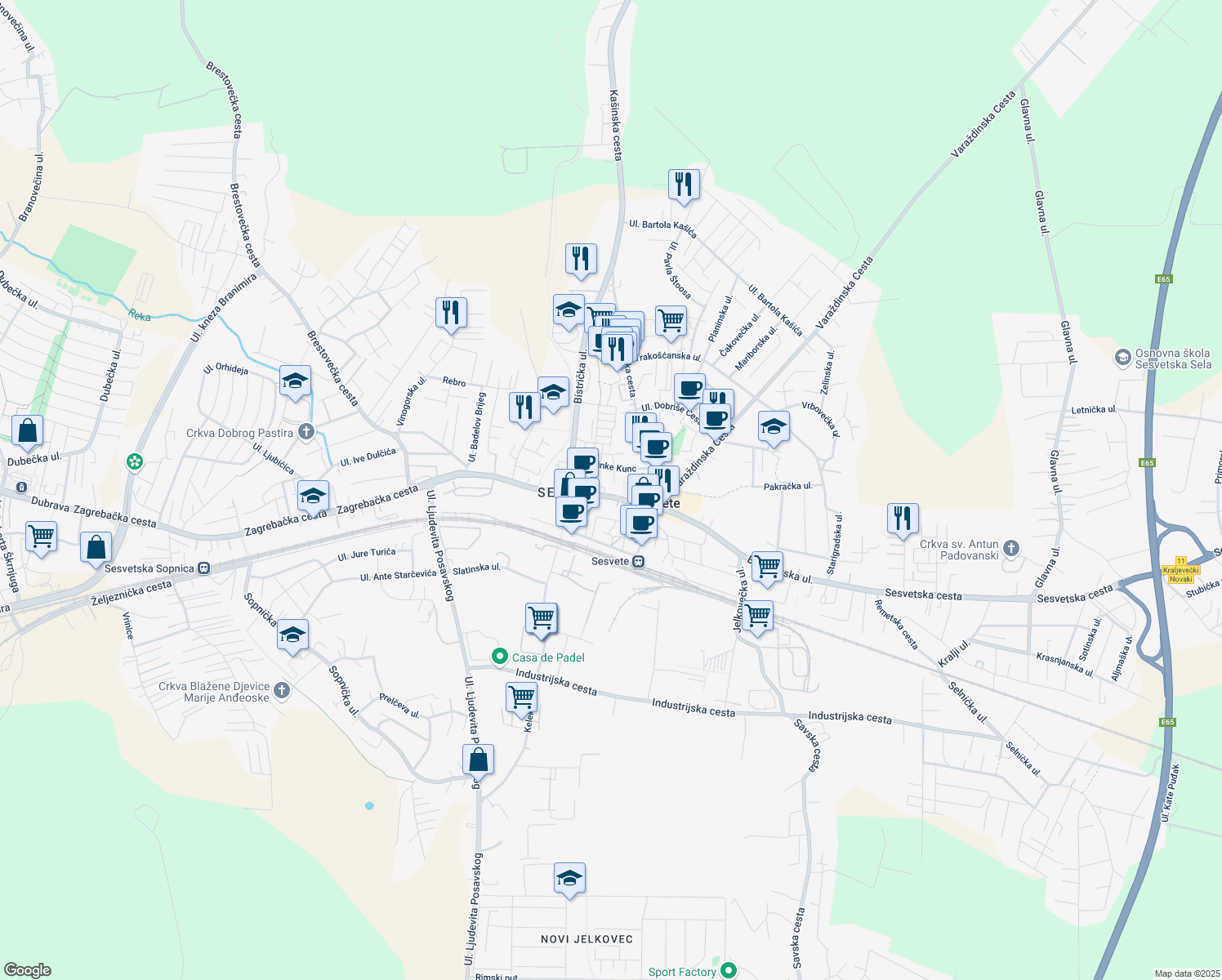 map of restaurants, bars, coffee shops, grocery stores, and more near 2 Ulica Vladimira Ruždjaka in Sesvete
