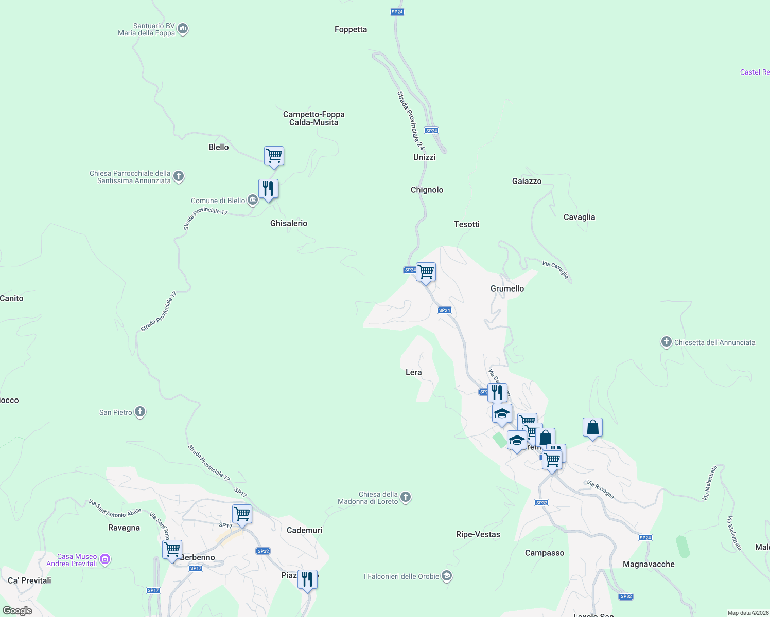 map of restaurants, bars, coffee shops, grocery stores, and more near 49 Via Croce Garateno in Val Brembilla