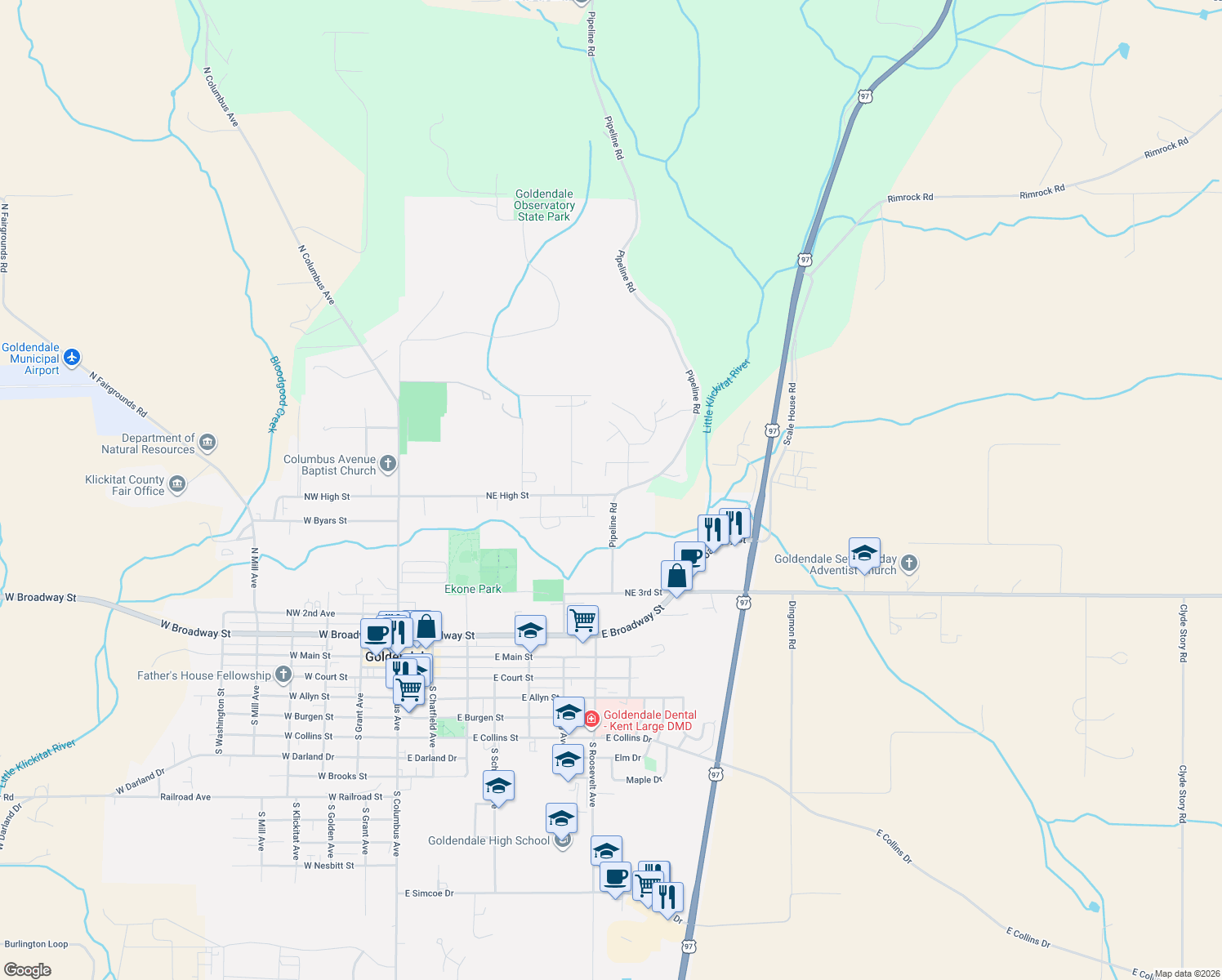 map of restaurants, bars, coffee shops, grocery stores, and more near 717 Northeast High Street in Goldendale