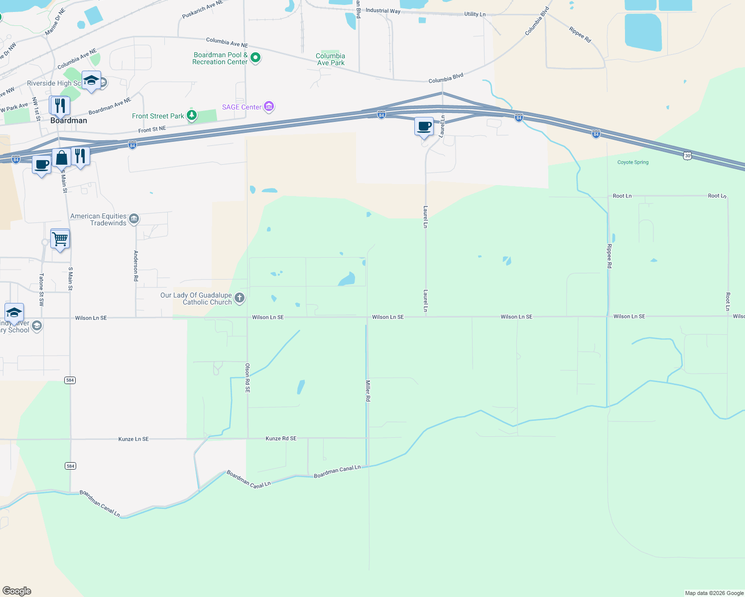 map of restaurants, bars, coffee shops, grocery stores, and more near 78931 Miller Road in Boardman
