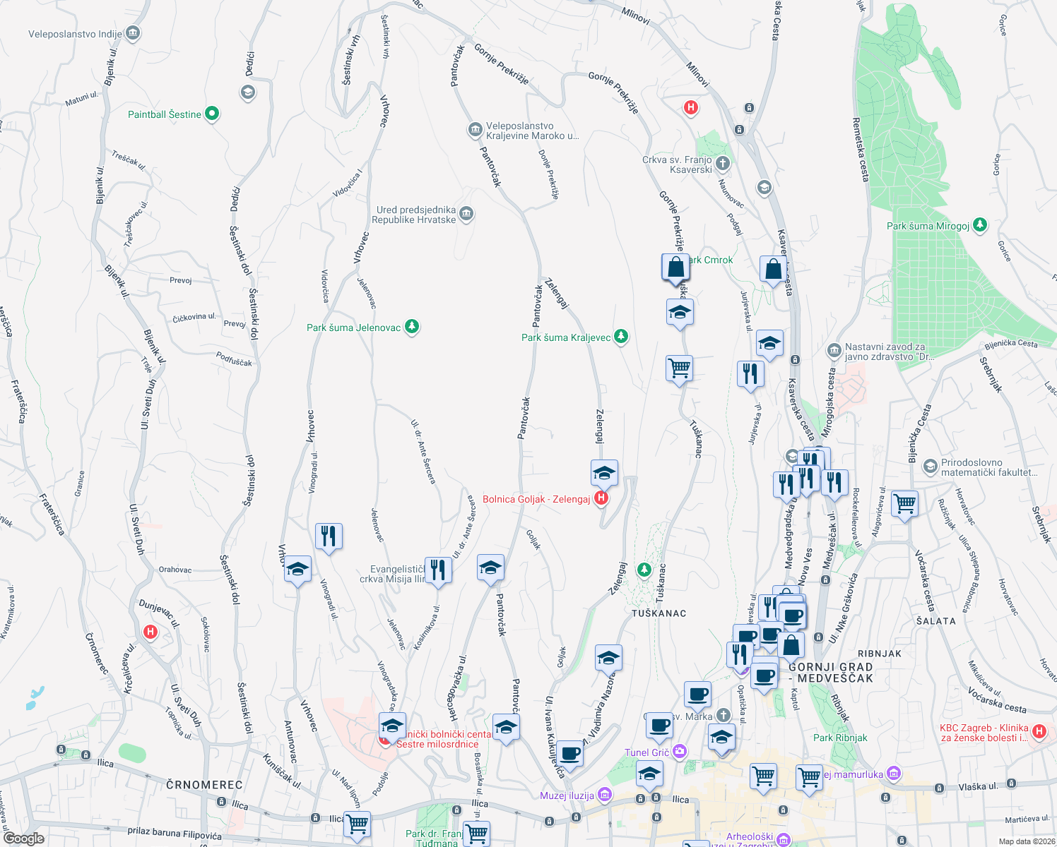 map of restaurants, bars, coffee shops, grocery stores, and more near 160 Pantovčak ulica in Zagreb