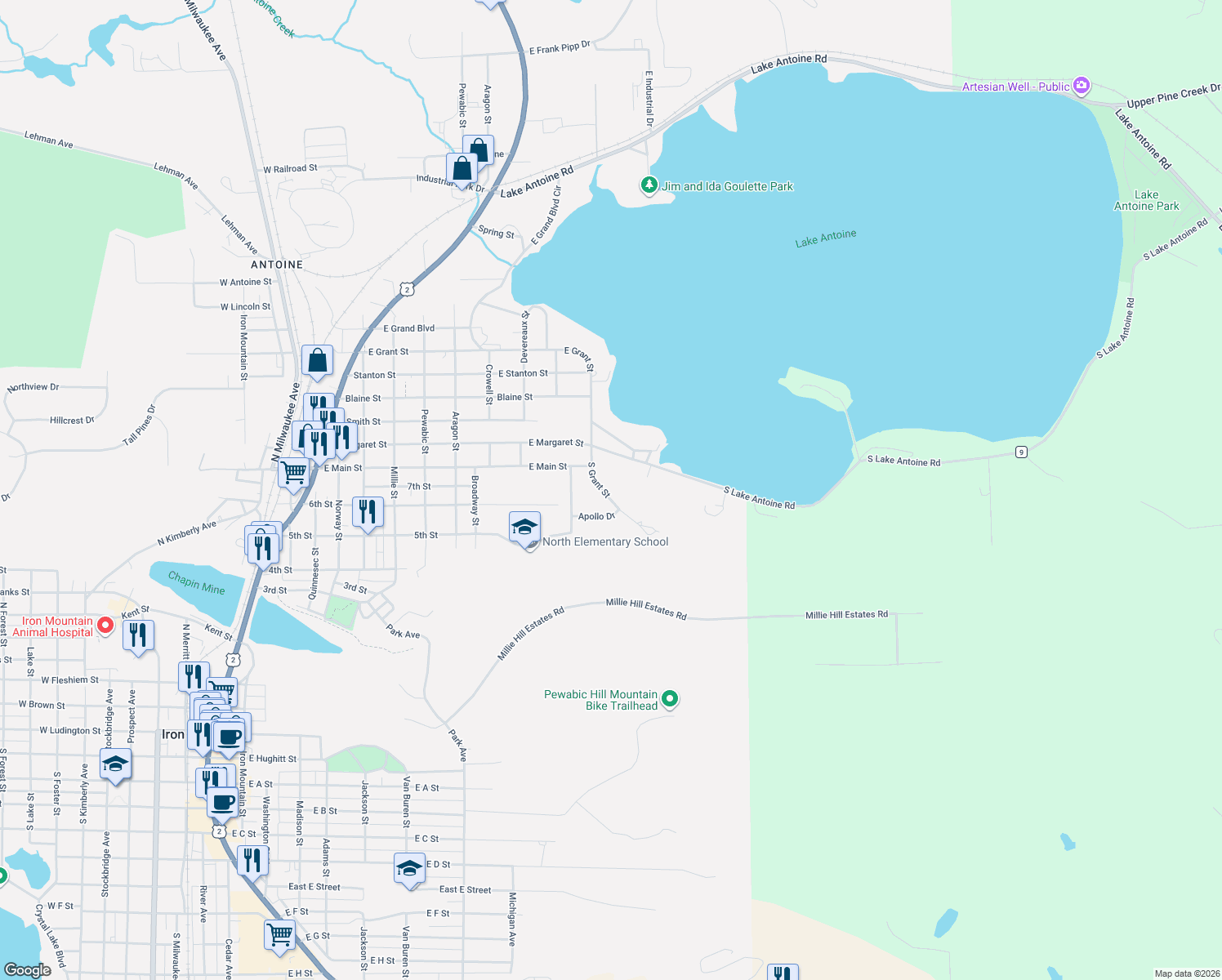 map of restaurants, bars, coffee shops, grocery stores, and more near 1506 South Grant Street in Iron Mountain