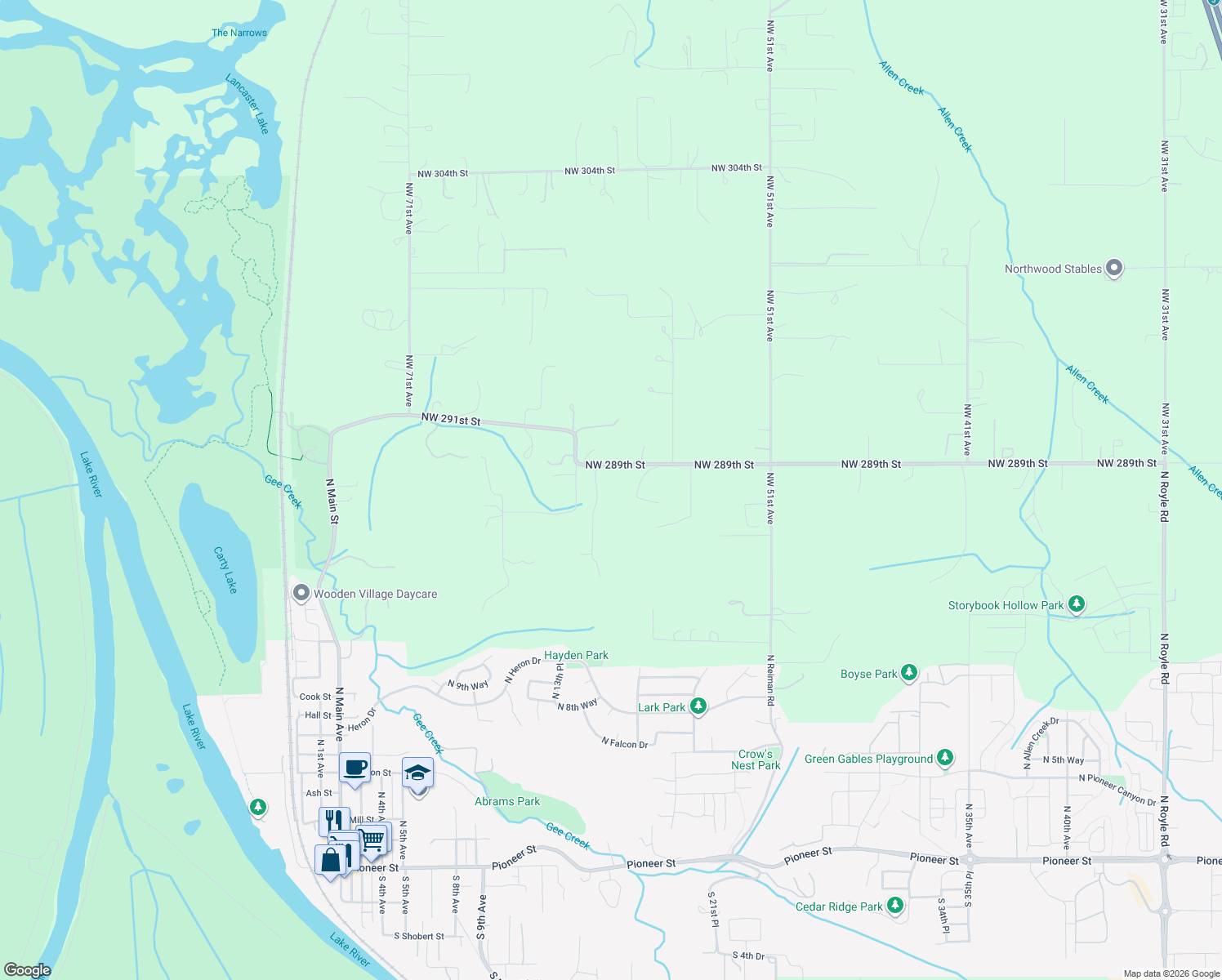 map of restaurants, bars, coffee shops, grocery stores, and more near 5915 Northwest 289th Street in Ridgefield