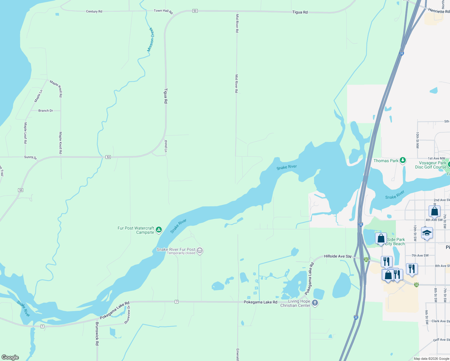 map of restaurants, bars, coffee shops, grocery stores, and more near 14564 River Wood Trail in Pine City