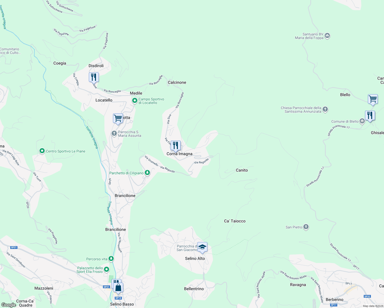 map of restaurants, bars, coffee shops, grocery stores, and more near 1 Via Pradello in Corna Imagna
