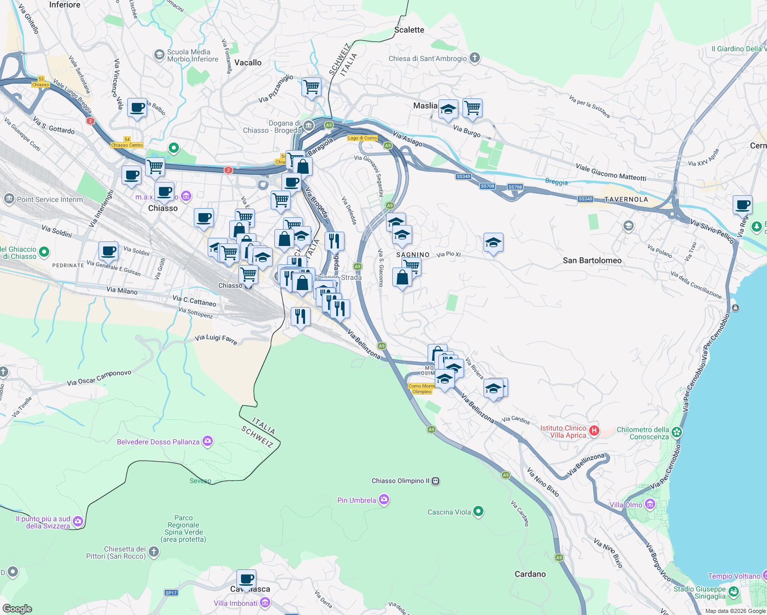 map of restaurants, bars, coffee shops, grocery stores, and more near 8 Via San Giacomo in Como