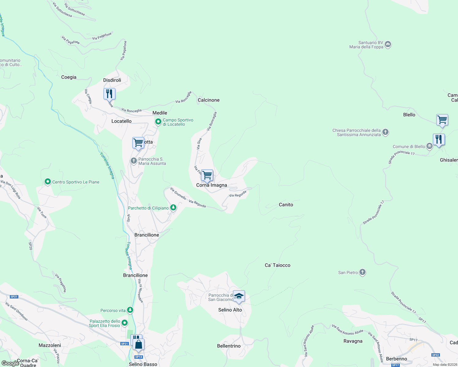 map of restaurants, bars, coffee shops, grocery stores, and more near 1 Via Pradello in Corna Imagna
