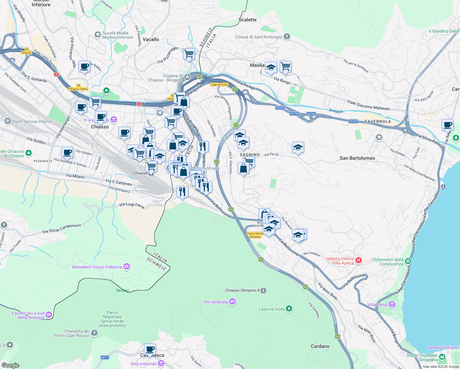 map of restaurants, bars, coffee shops, grocery stores, and more near 8 Via San Giacomo in Como