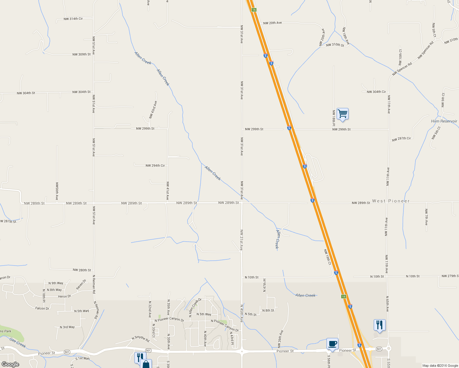 map of restaurants, bars, coffee shops, grocery stores, and more near 3316 Northwest 289th Street in Ridgefield