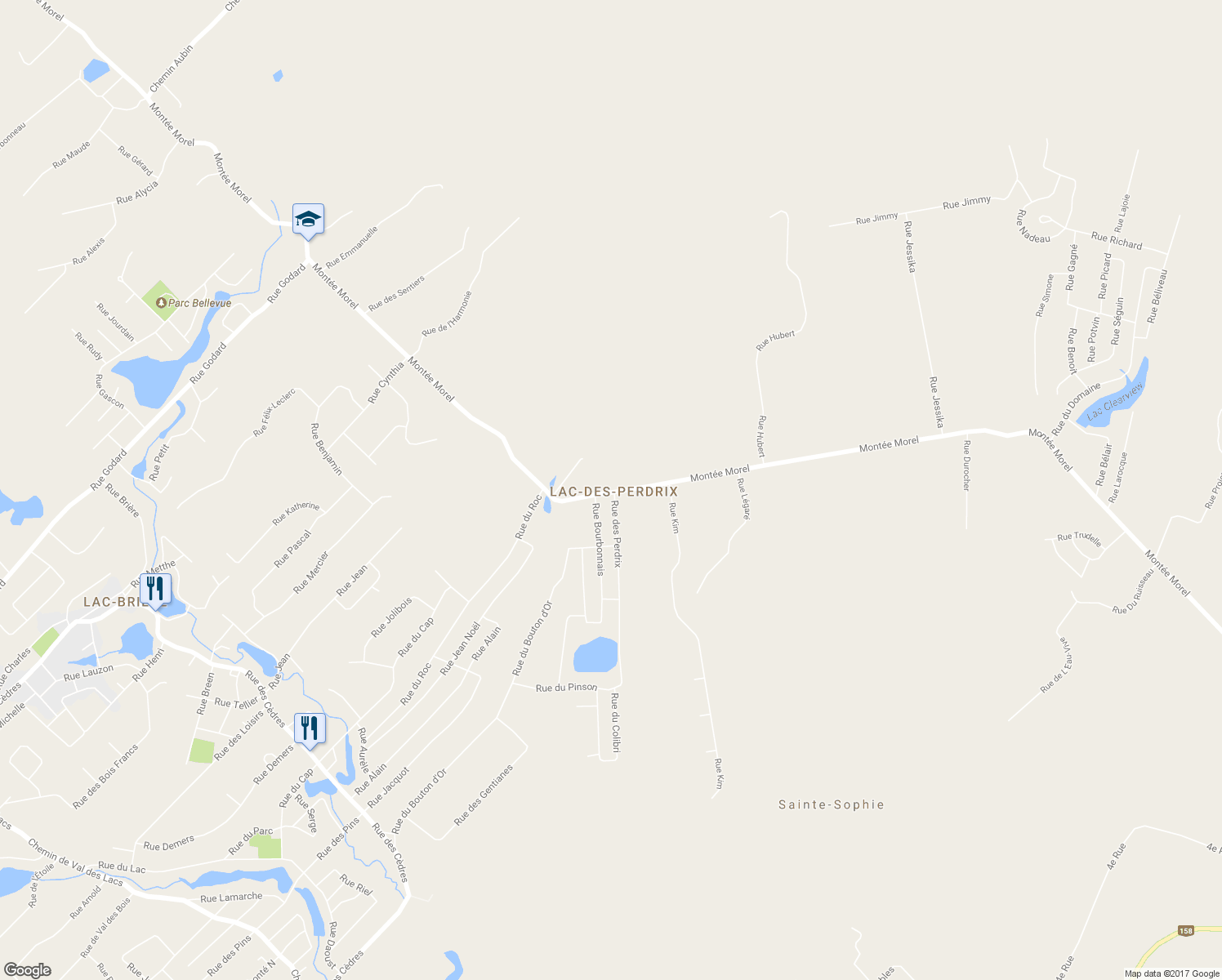 map of restaurants, bars, coffee shops, grocery stores, and more near 942 Montée Morel in Sainte-Sophie