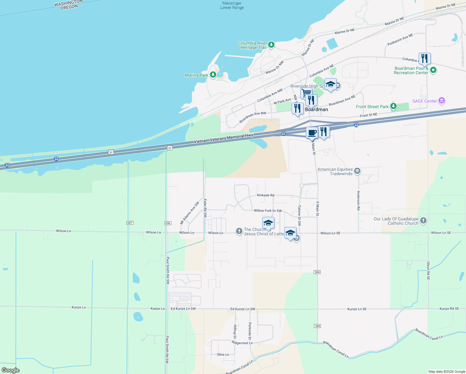 map of restaurants, bars, coffee shops, grocery stores, and more near 106 Willow Fork Drive Southwest in Boardman