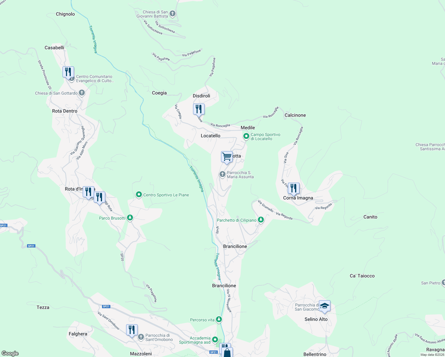 map of restaurants, bars, coffee shops, grocery stores, and more near 6 Via Don Sebastiano Vanotti in Botta
