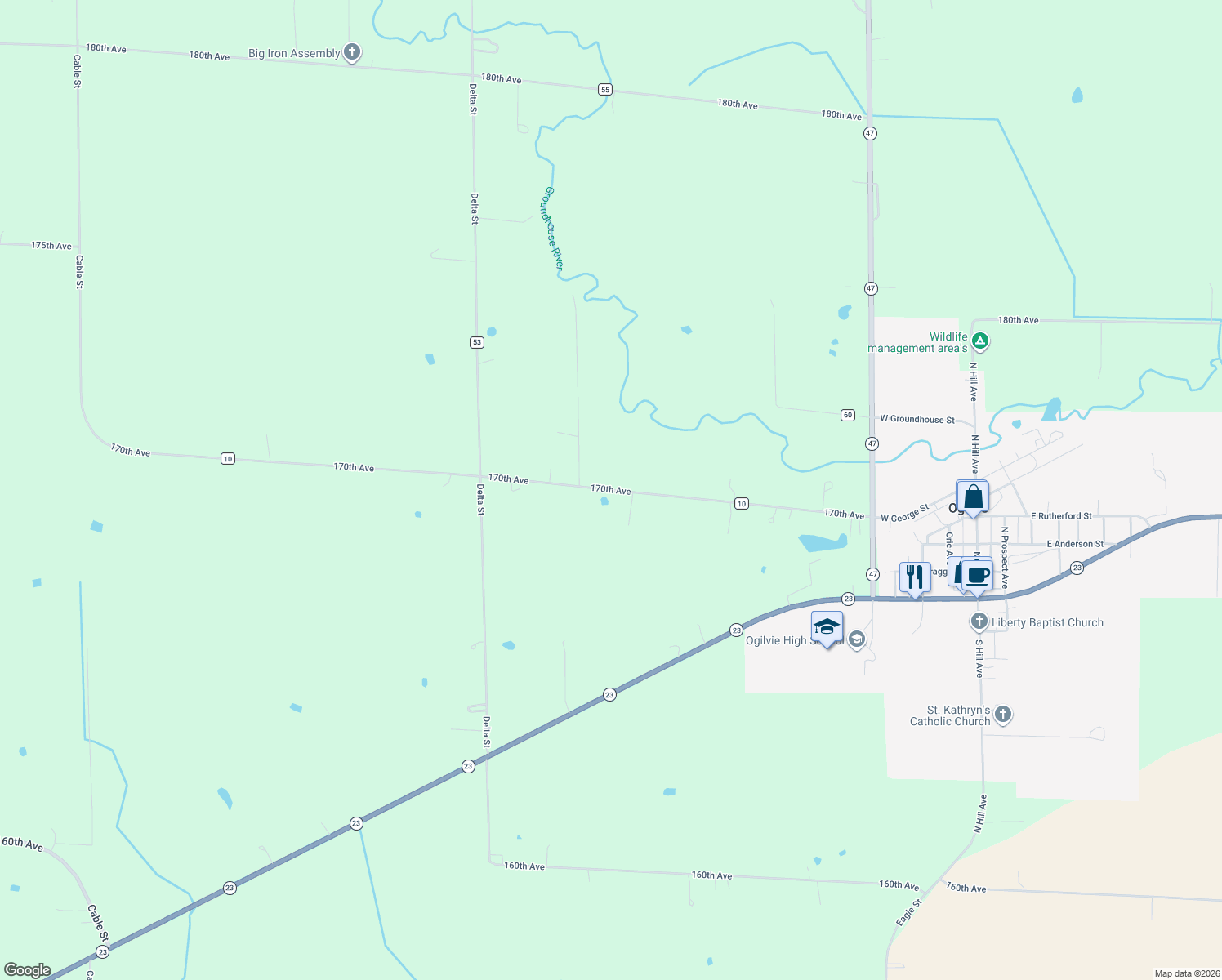 map of restaurants, bars, coffee shops, grocery stores, and more near 1339 170th Avenue in Ogilvie
