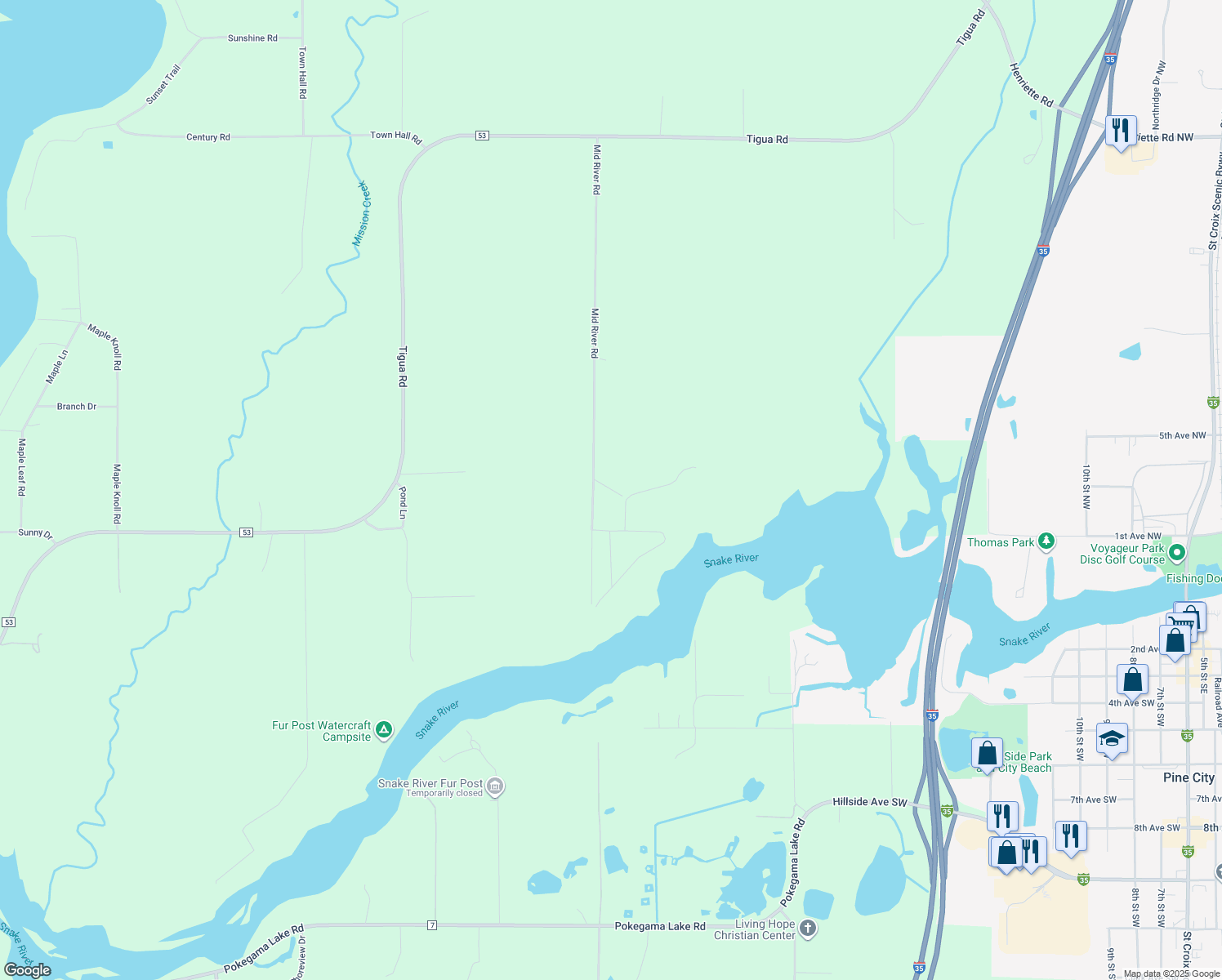 map of restaurants, bars, coffee shops, grocery stores, and more near 14087 Craft Lane in Pine City