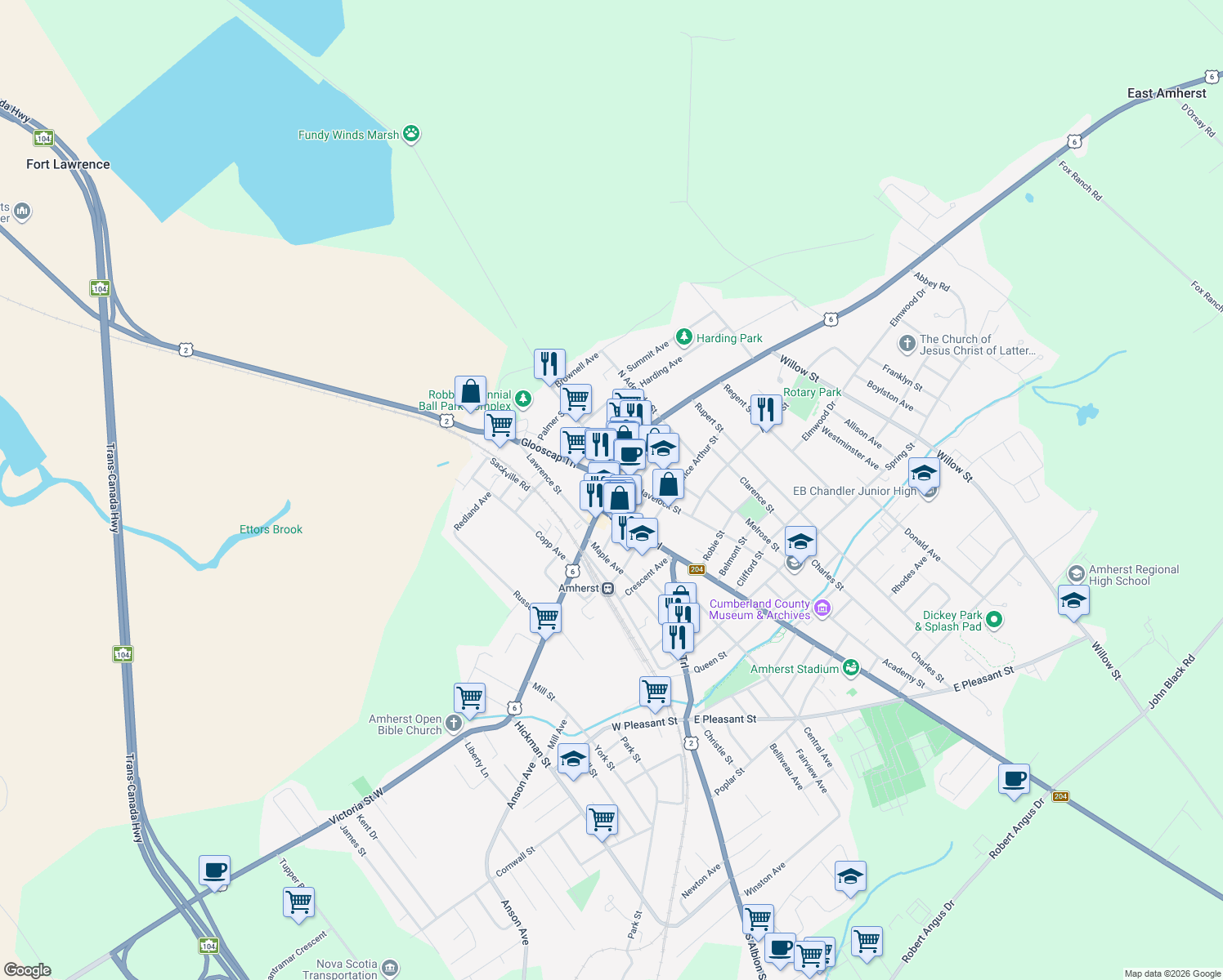 map of restaurants, bars, coffee shops, grocery stores, and more near 89 Victoria St E in Amherst