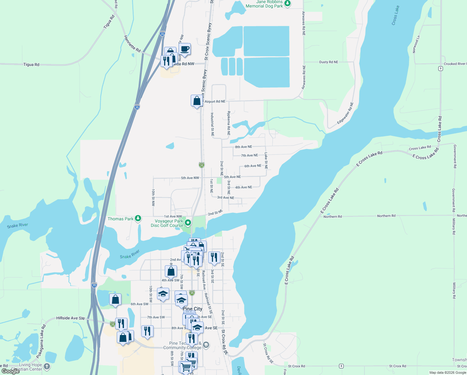 map of restaurants, bars, coffee shops, grocery stores, and more near 330 4th Avenue Northeast in Pine City