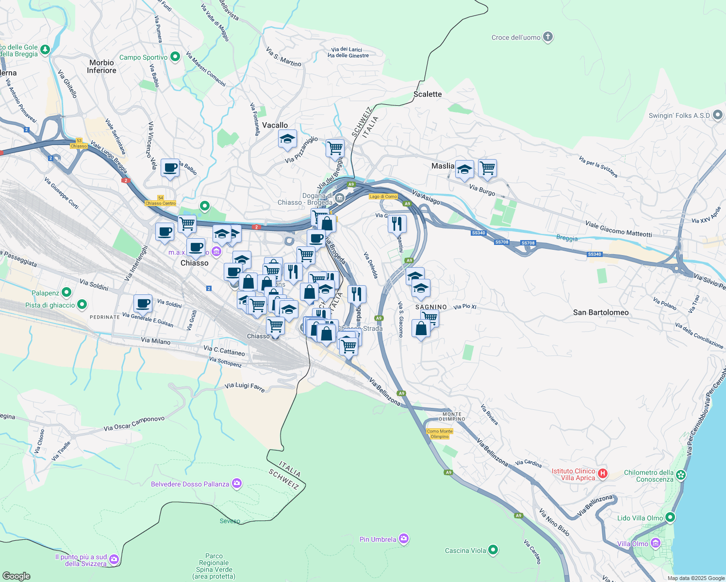 map of restaurants, bars, coffee shops, grocery stores, and more near 52-54 Via Silva in Como