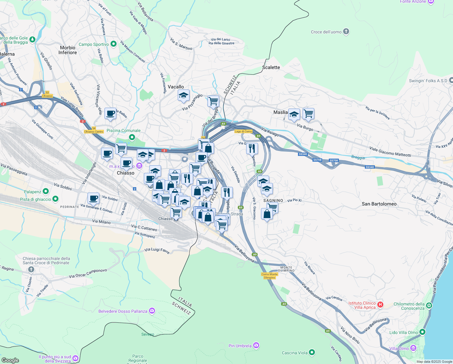 map of restaurants, bars, coffee shops, grocery stores, and more near 54 Via Silva in Como
