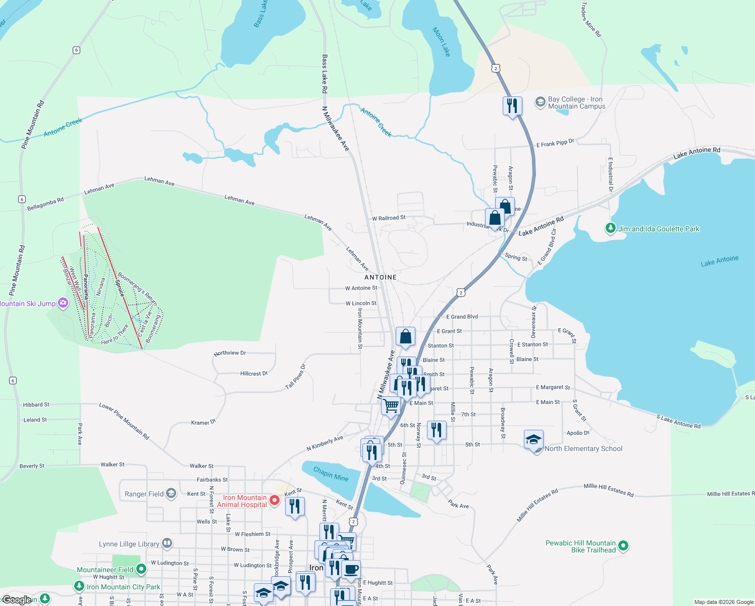 map of restaurants, bars, coffee shops, grocery stores, and more near 144 W Lincoln St in Iron Mountain