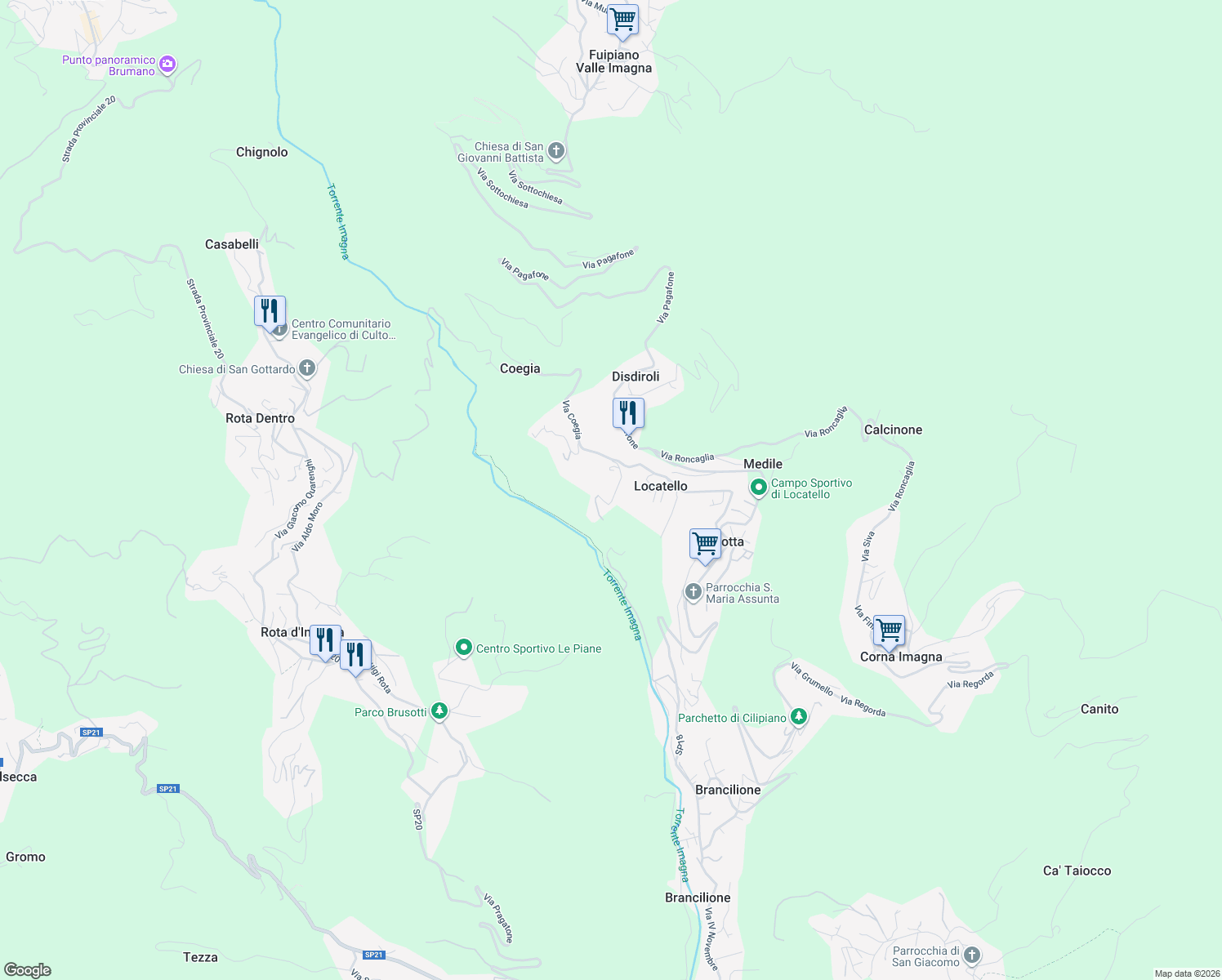 map of restaurants, bars, coffee shops, grocery stores, and more near 6 Via Cà Persico in Botta
