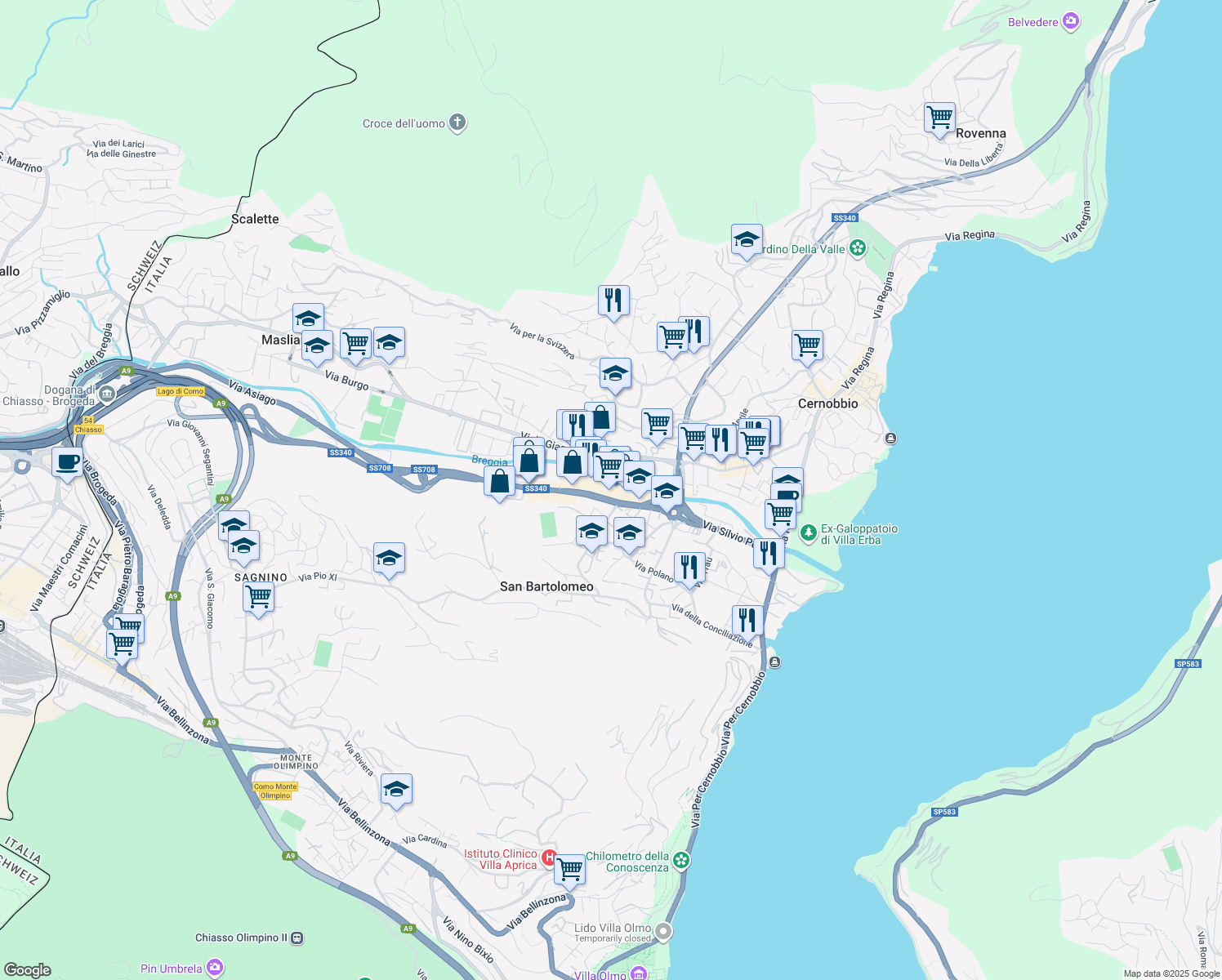map of restaurants, bars, coffee shops, grocery stores, and more near 2 Via Asiago in Como