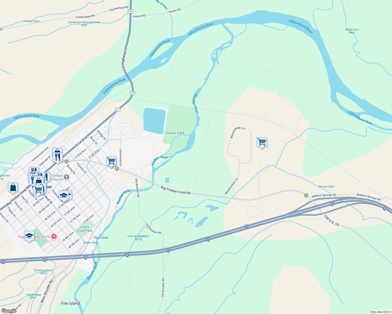 map of restaurants, bars, coffee shops, grocery stores, and more near Reed Ln in Big Timber
