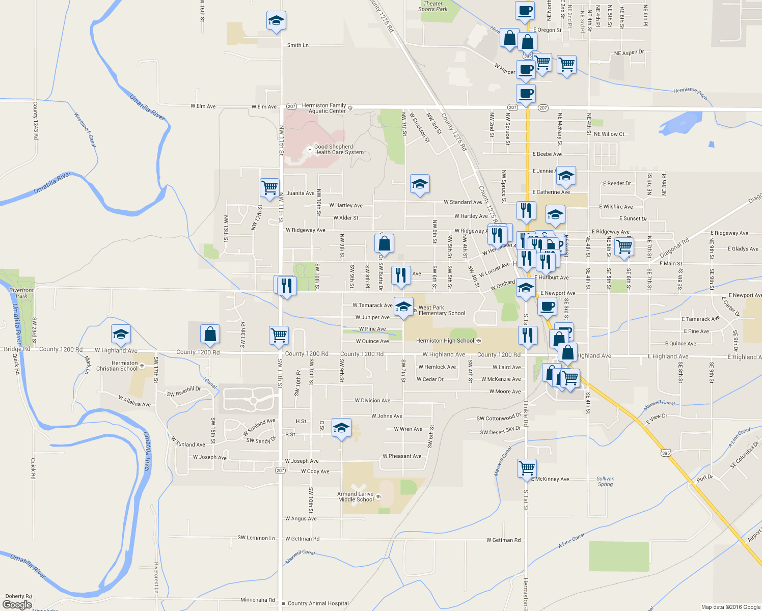 map of restaurants, bars, coffee shops, grocery stores, and more near 773 West Tamarack Avenue in Hermiston
