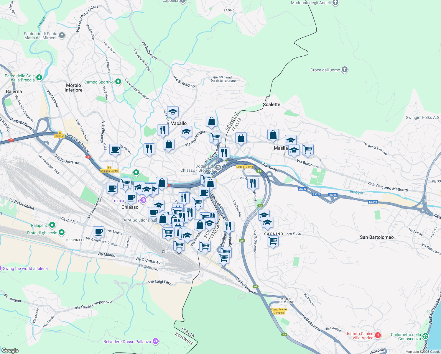 map of restaurants, bars, coffee shops, grocery stores, and more near 9 Via Salvatore Quasimodo in Como
