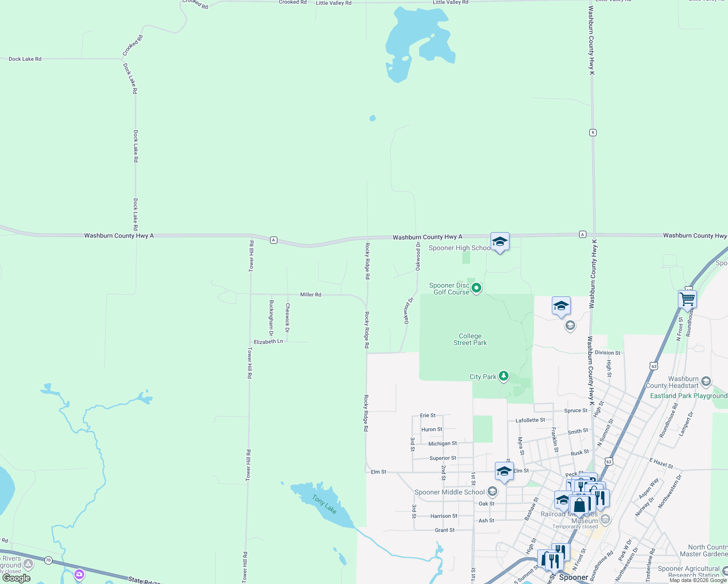 map of restaurants, bars, coffee shops, grocery stores, and more near N5601 Rocky Ridge Road in Spooner