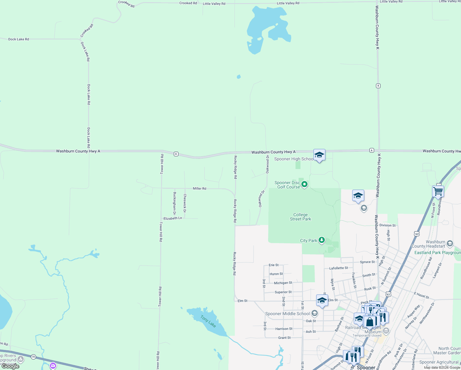 map of restaurants, bars, coffee shops, grocery stores, and more near N5601 Rocky Ridge Road in Spooner