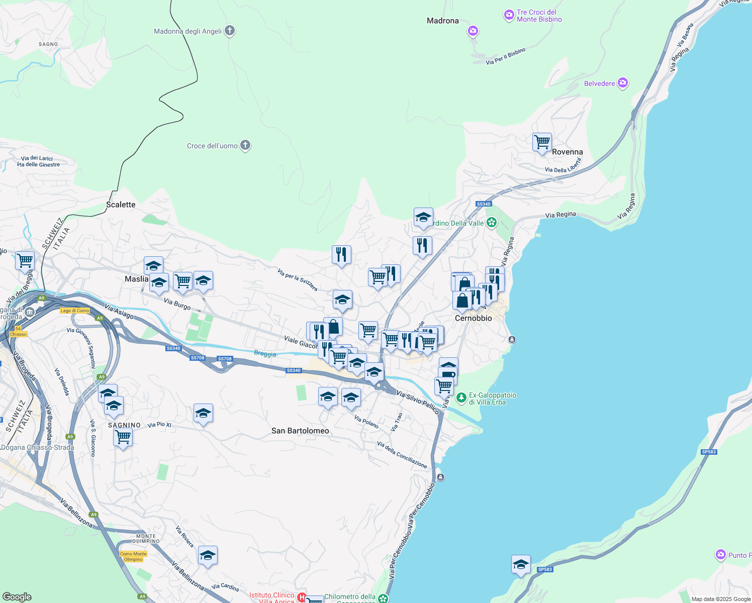 map of restaurants, bars, coffee shops, grocery stores, and more near 5 Via Paolo Carcano in Cernobbio