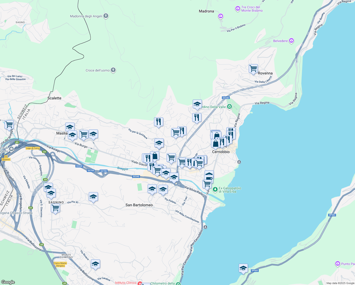 map of restaurants, bars, coffee shops, grocery stores, and more near 5 Via Paolo Carcano in Cernobbio