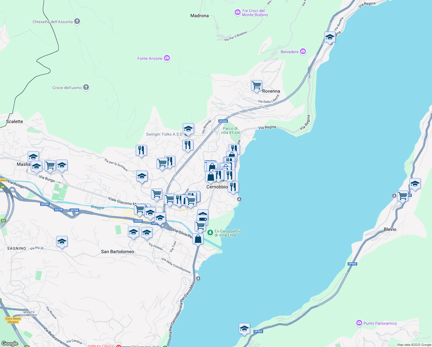 map of restaurants, bars, coffee shops, grocery stores, and more near 6 Via Plinio in Cernobbio