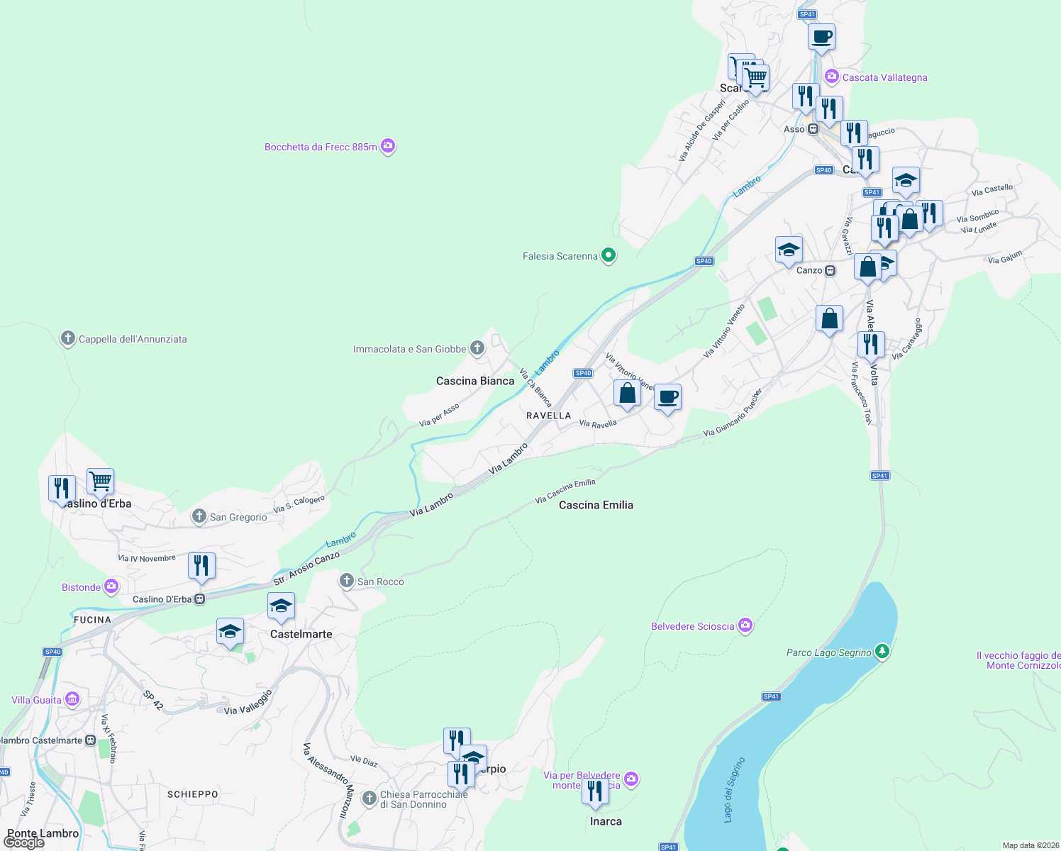 map of restaurants, bars, coffee shops, grocery stores, and more near 27 Via Lambro in Castelmarte