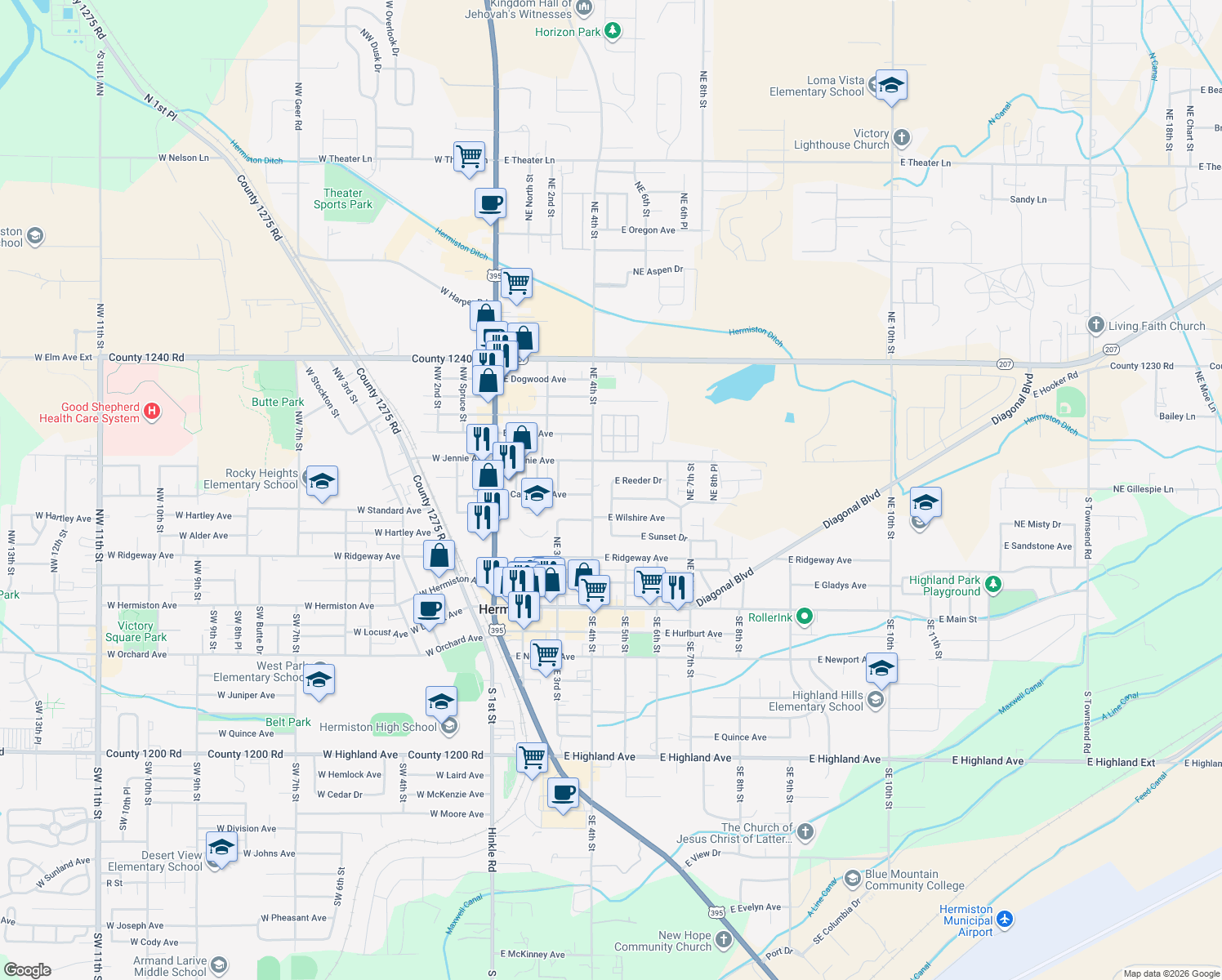 map of restaurants, bars, coffee shops, grocery stores, and more near 535 East Reeder Drive in Hermiston