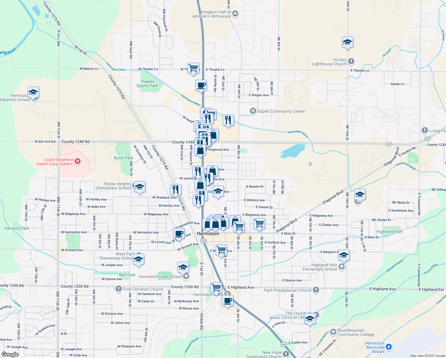 map of restaurants, bars, coffee shops, grocery stores, and more near 253 East Jennie Avenue in Hermiston