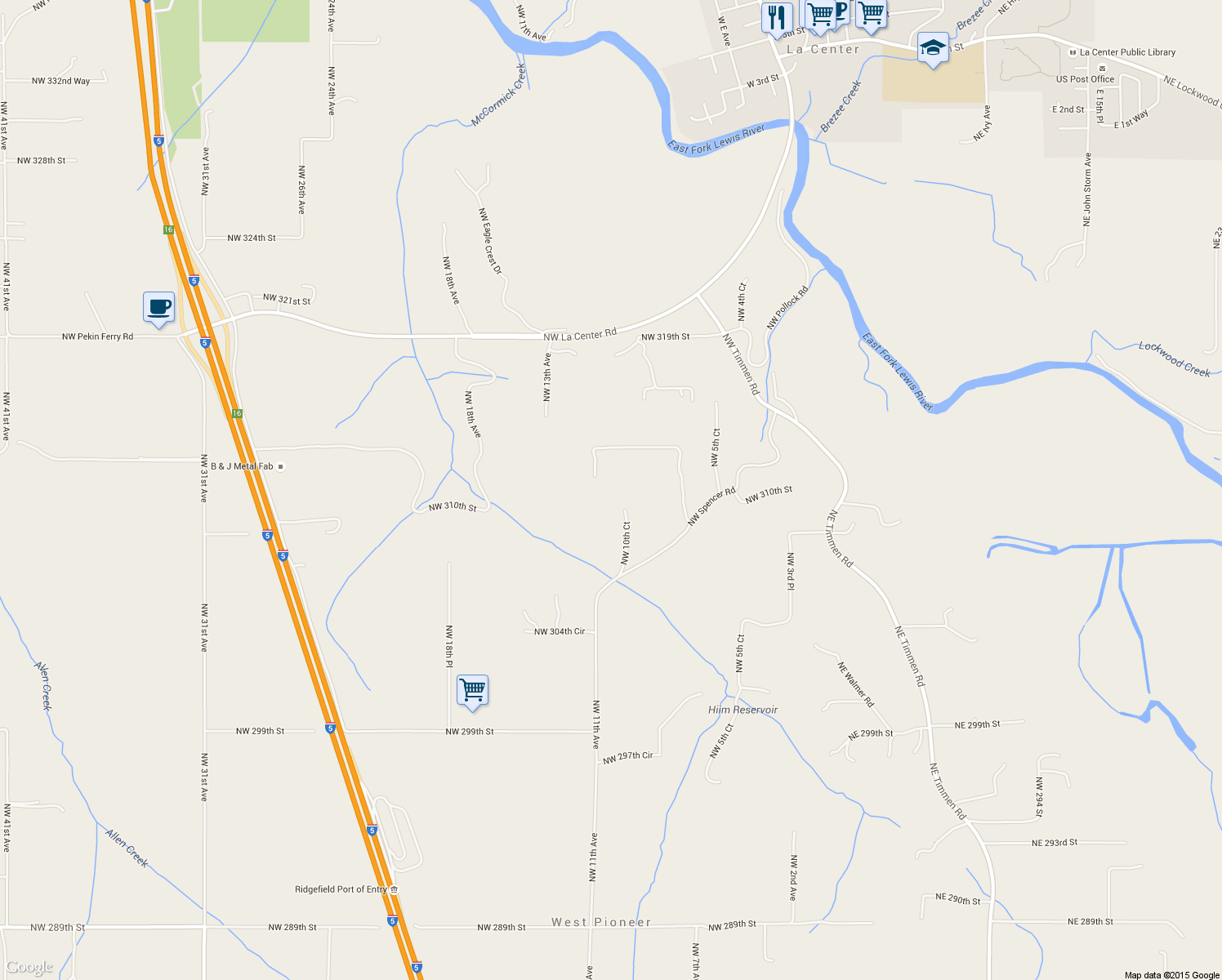 map of restaurants, bars, coffee shops, grocery stores, and more near 31004 Northwest 10th Court in Ridgefield